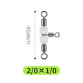 Ten copper fishing swivels with luminous green beads and an eight-ring T-shaped balance fork on a blue background.