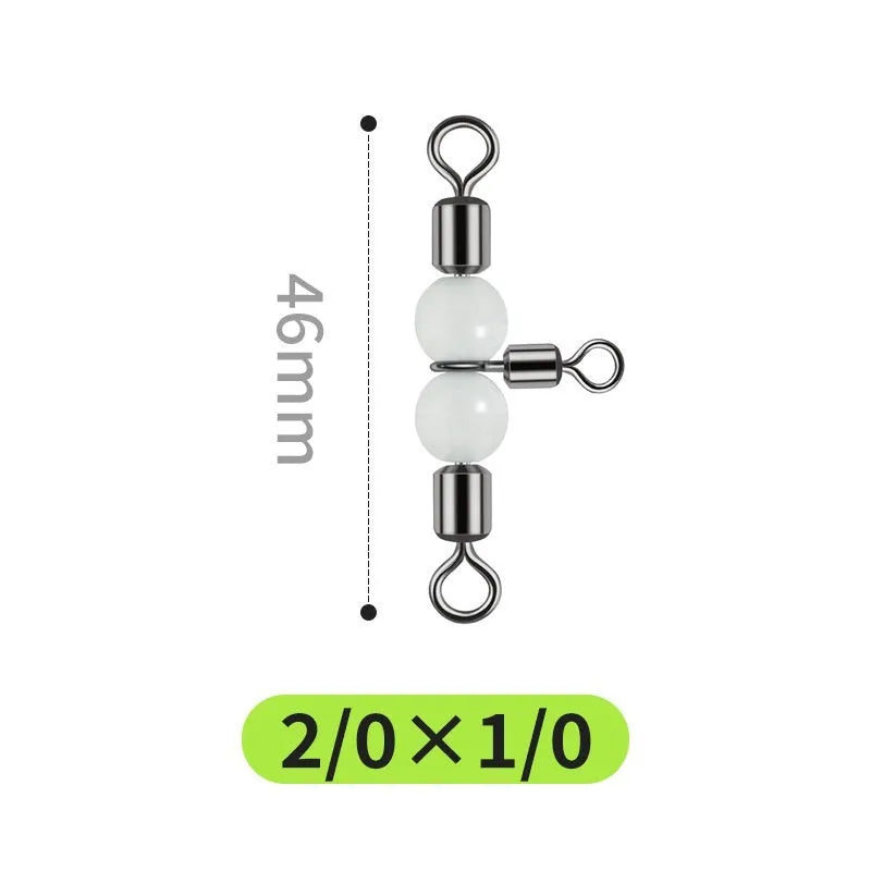 Ten copper fishing swivels with luminous green beads and an eight-ring T-shaped balance fork on a blue background.