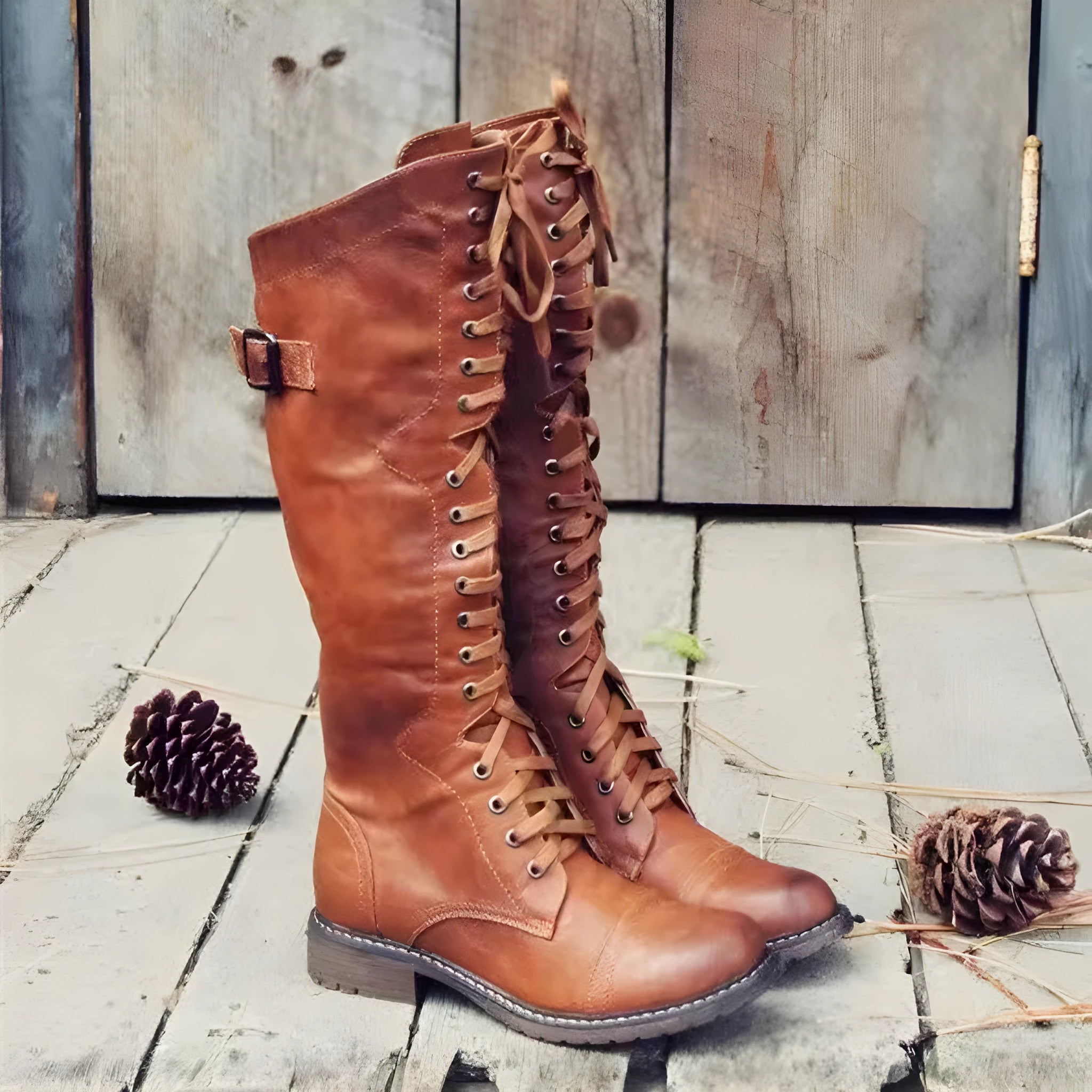 Black chunky heel high leg boots on a white background, showing round toe and stout low heel.