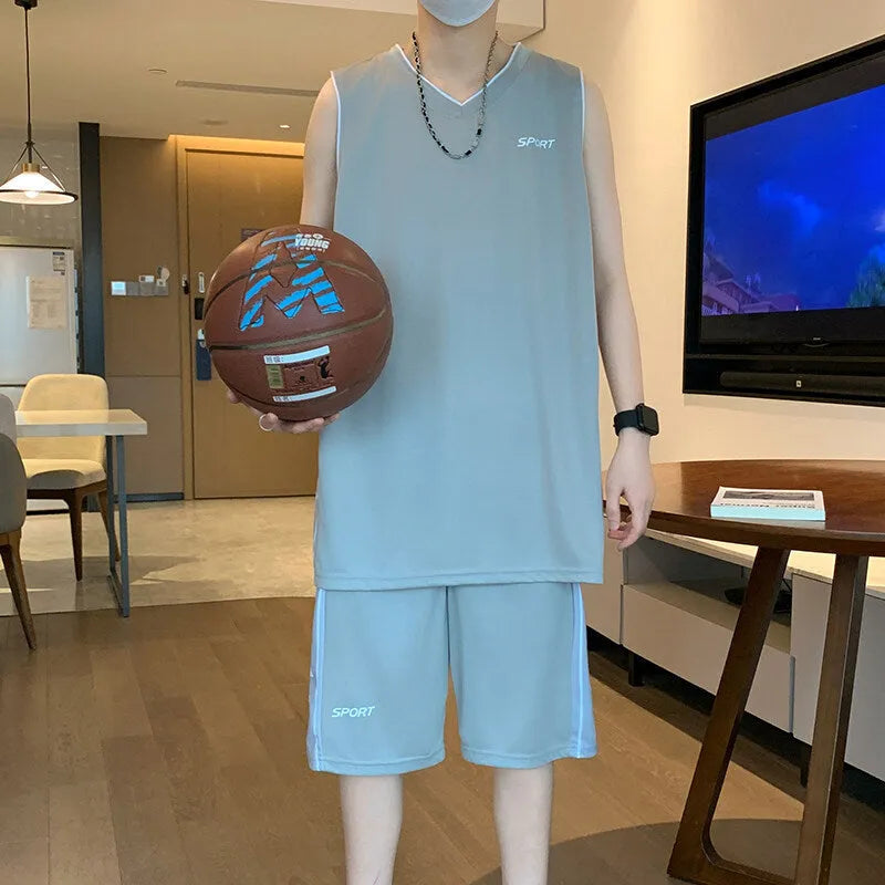 Men's thin polyester basketball sports suit with sleeveless vest and matching shorts