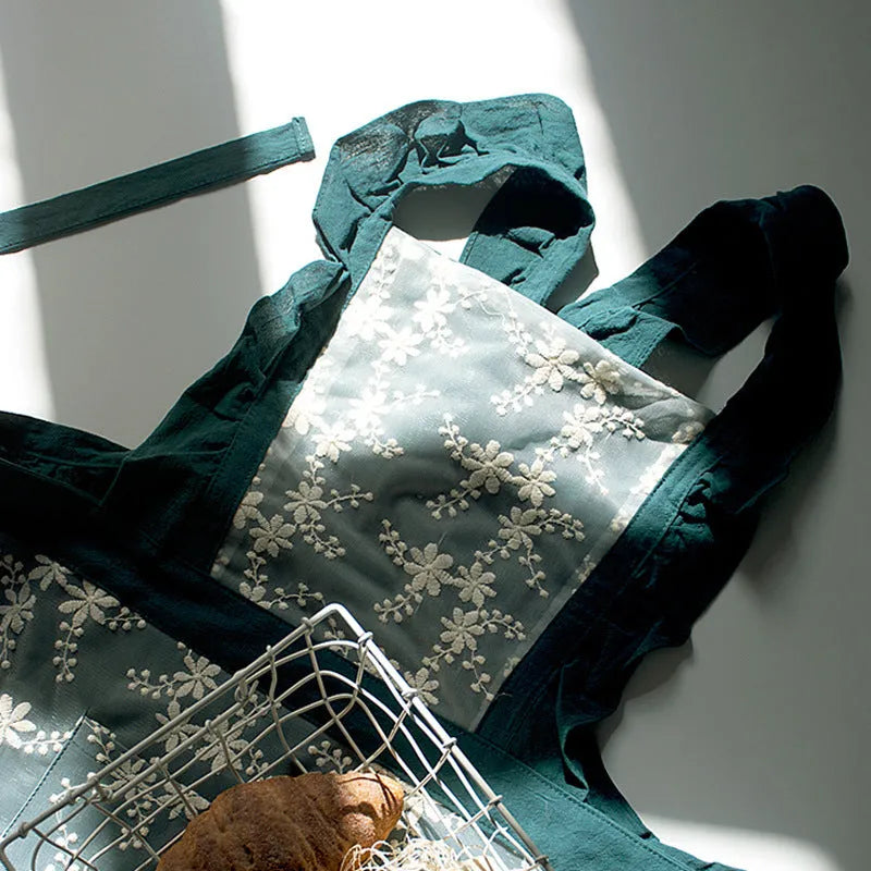 Minimalist cotton linen X-strap kitchen apron in solid colour with lace detailing