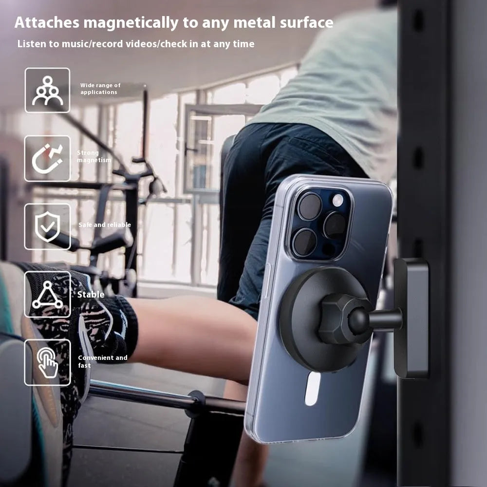 Silicone rubber magnetic suction phone bracket holder for iron surfaces in cars and gyms.