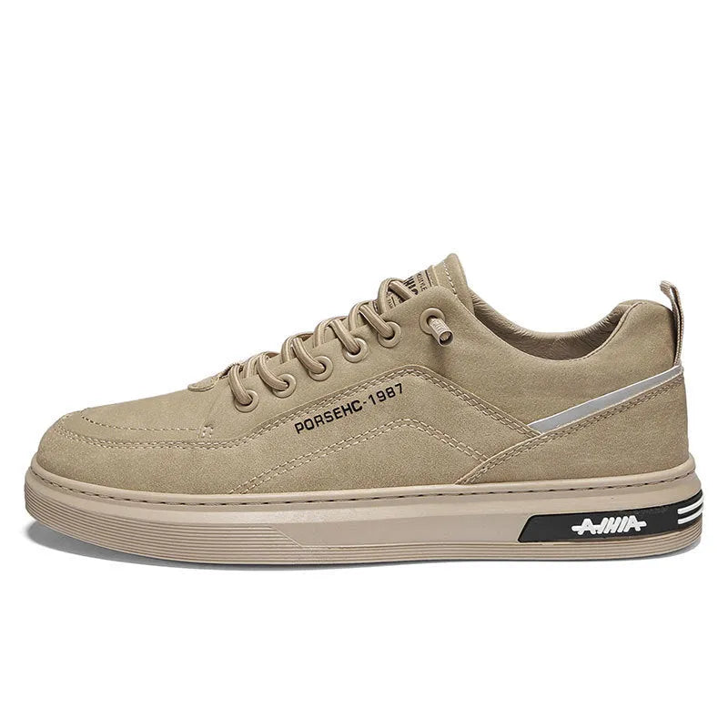 Men's khaki low-top casual shoes with round toe and flat rubber sole for work.