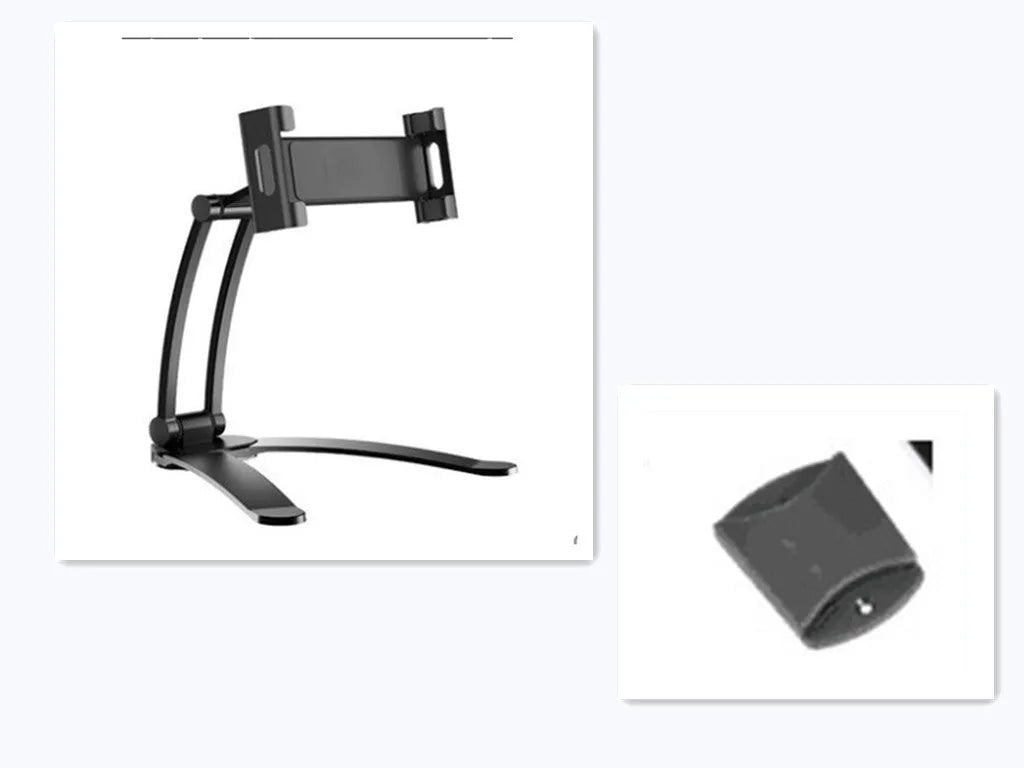 Silver aluminium desktop stand holding a tablet, showing 360-degree rotation and adjustable clamp mechanism.