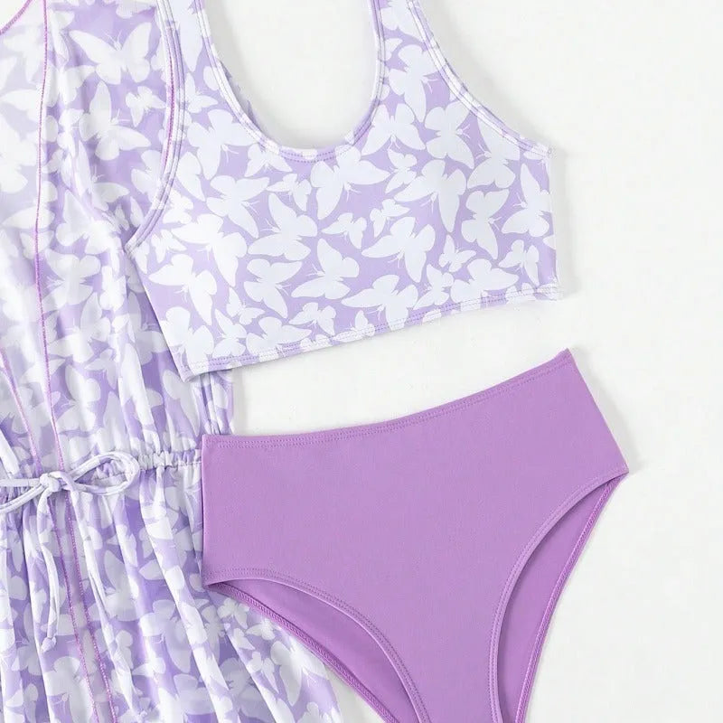 Girls' three-piece polyester swimsuit set in printed design for ages 8-12