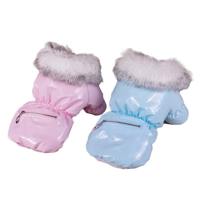 Blue British-style thick cotton winter jacket for a dog on a winter day.