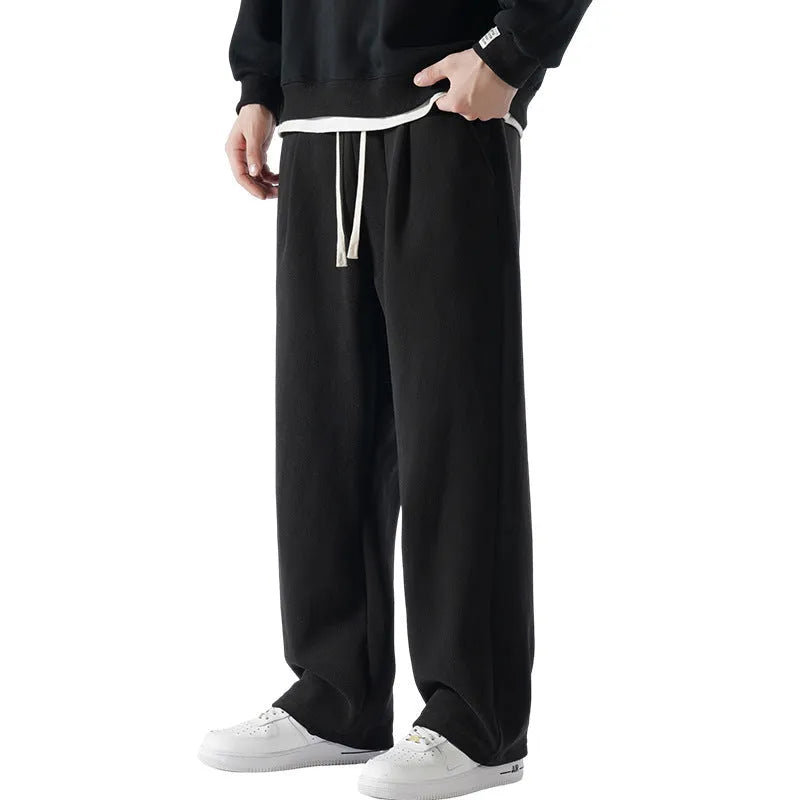Men's double-sided polar fleece-lined winter sports trousers in Korean-style loose fit with drawstring waist