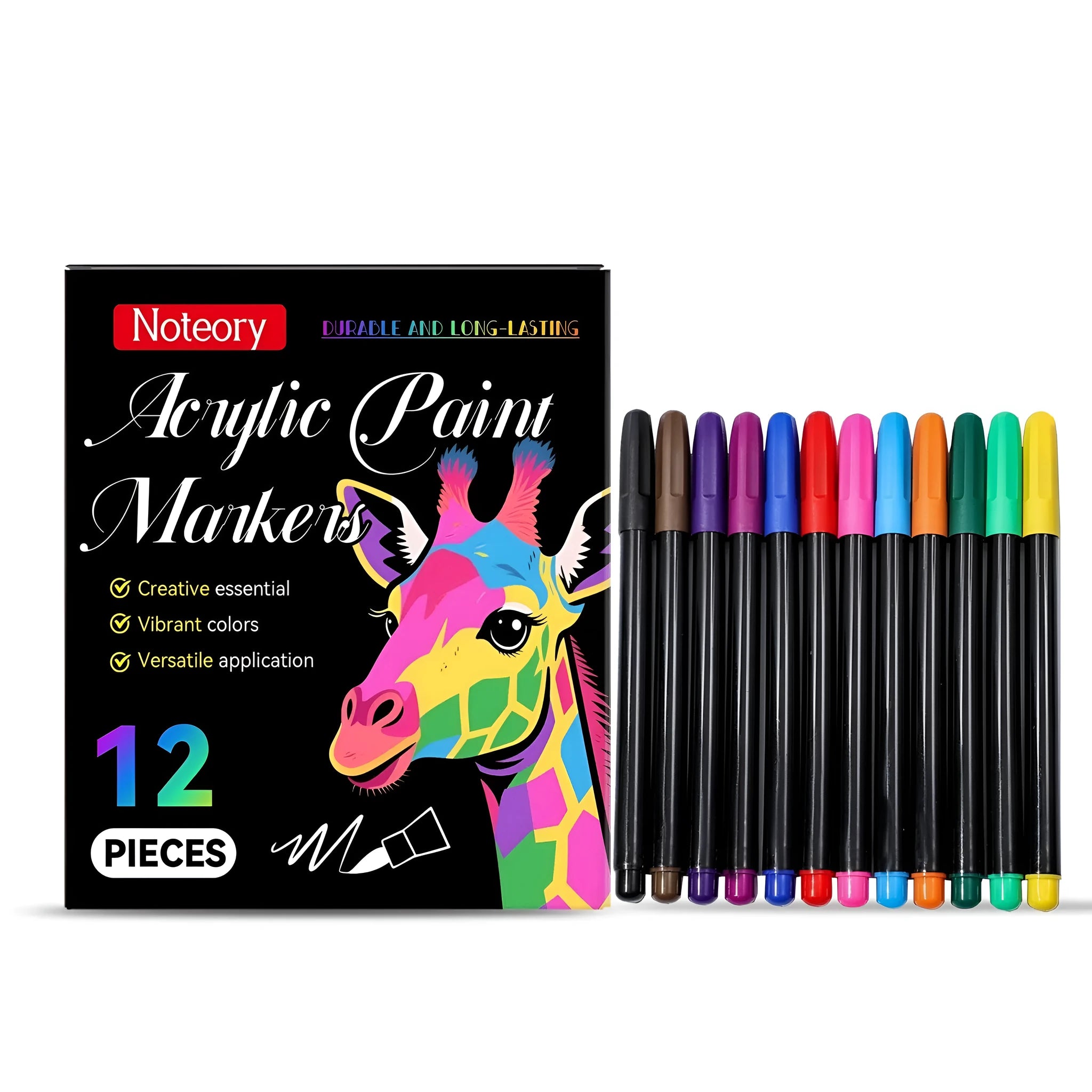 Set of 12 acrylic paint markers with 0.8mm tips for detailed work on glass and ceramics.