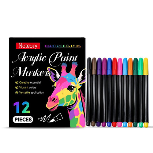 Set of 12 acrylic paint markers with 0.8mm tips for detailed work on glass and ceramics.