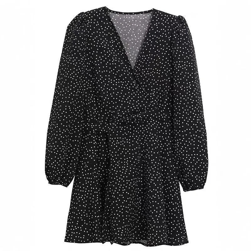 Women's black polka dot high waist midi dress with long sleeves in polyester fabric
