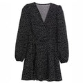 Women's black polka dot high waist midi dress with long sleeves in polyester fabric