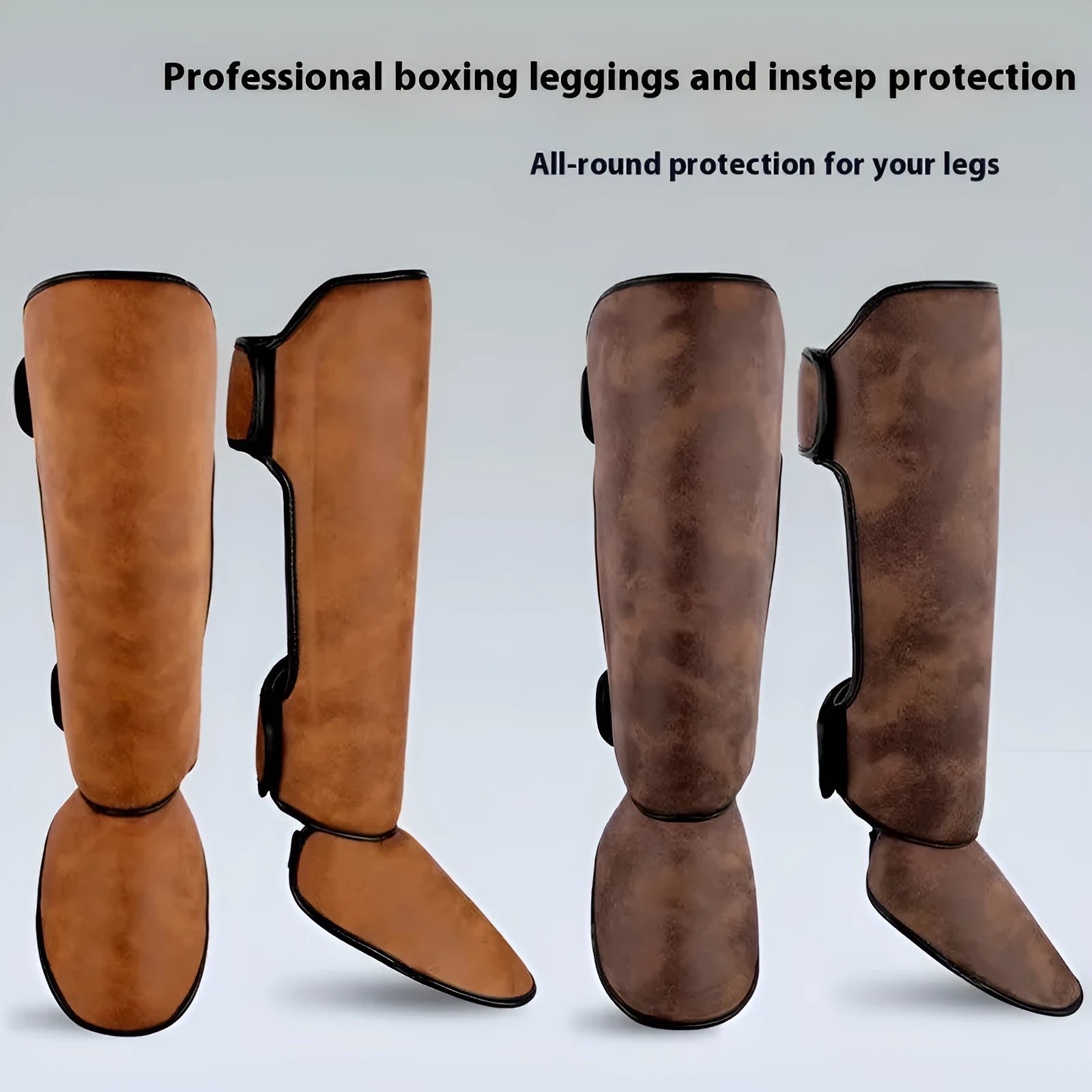 Thickened PU fighting boxing shin guard in brown vertical style for fitness training
