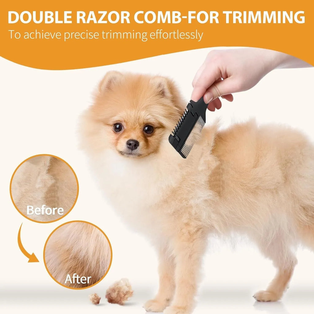 Razor comb for dogs and cats showing comb teeth and built-in blade, with packet of ten spare blades.