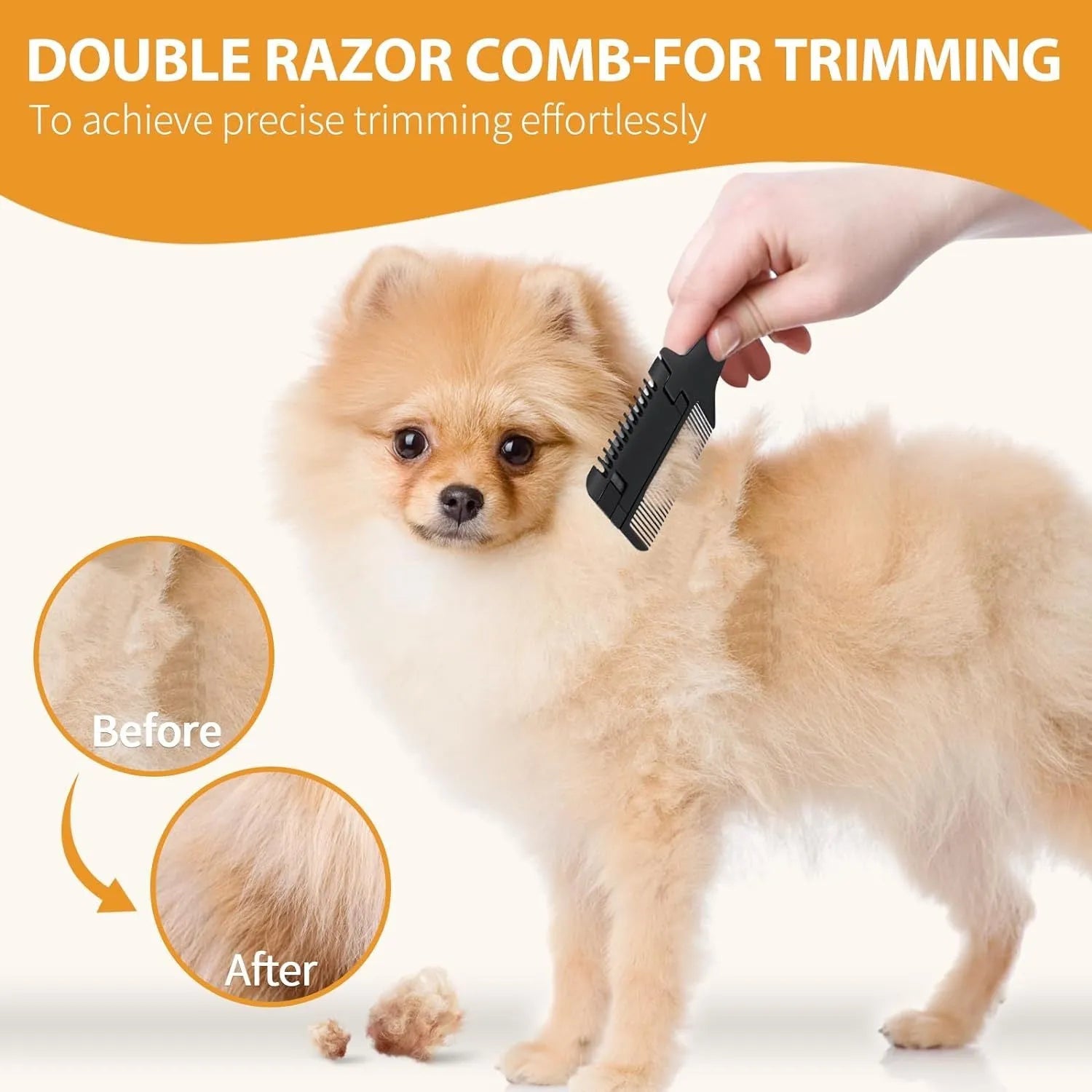 Razor comb for dogs and cats showing comb teeth and built-in blade, with packet of ten spare blades.