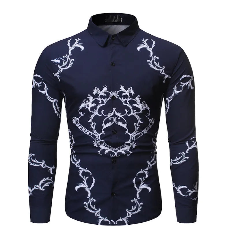 Men's long sleeve slim fit casual shirt with flower print in black and navy blue on hanger