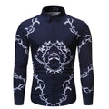 Men's long sleeve slim fit casual shirt with flower print in black and navy blue on hanger