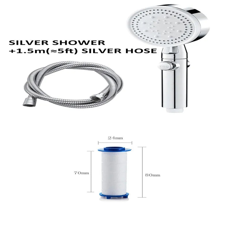 Modern portable shower head in electroplated black finish showing five spray settings and screw connection.