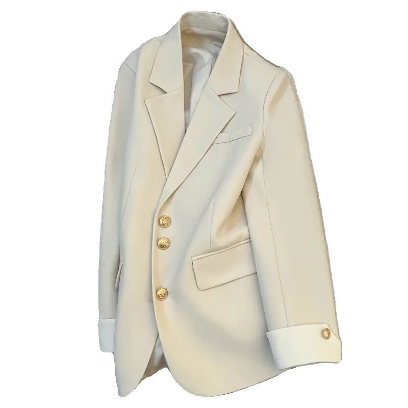 Korean style women's polyester coat in beige with pockets and loose fit design