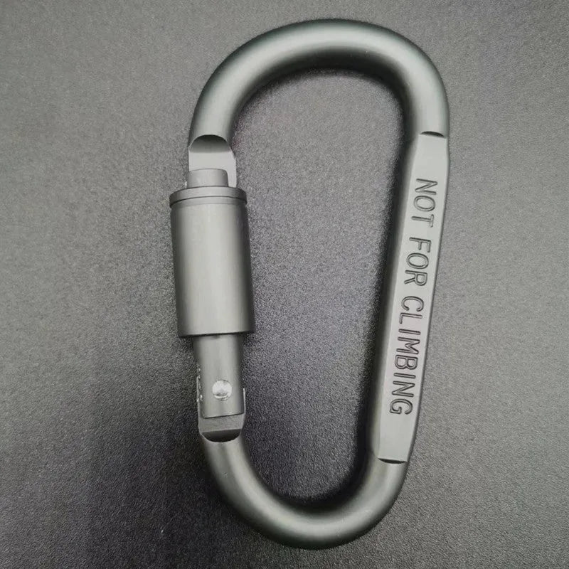 D-type aluminium locking carabiner in a selection of ten colours on a grey background.