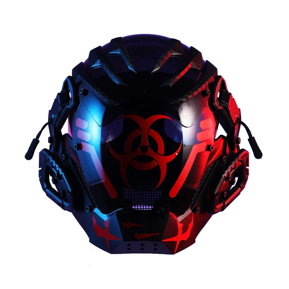 Black angular full-face tech helmet mask on a white background, showing sculpted details.