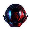 Black angular full-face tech helmet mask on a white background, showing sculpted details.