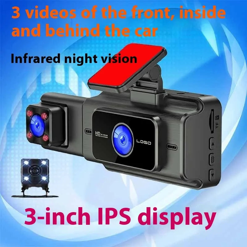Black 3 lens video driving recorder for car windscreen with 3-inch screen