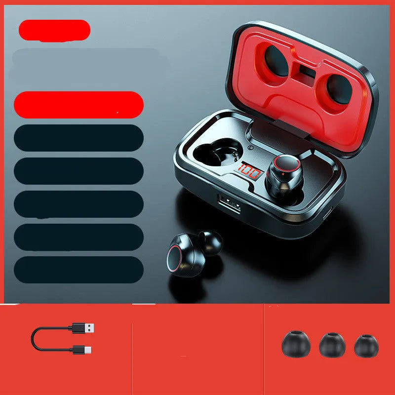 Wireless in-ear Bluetooth earphones in black, blue, and red colours showing the bilateral earpieces.