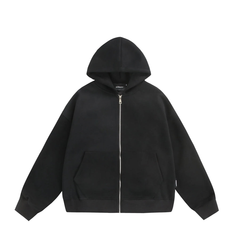 Solid colour loose fit cardigan coat with a back bag detail, shown in black.