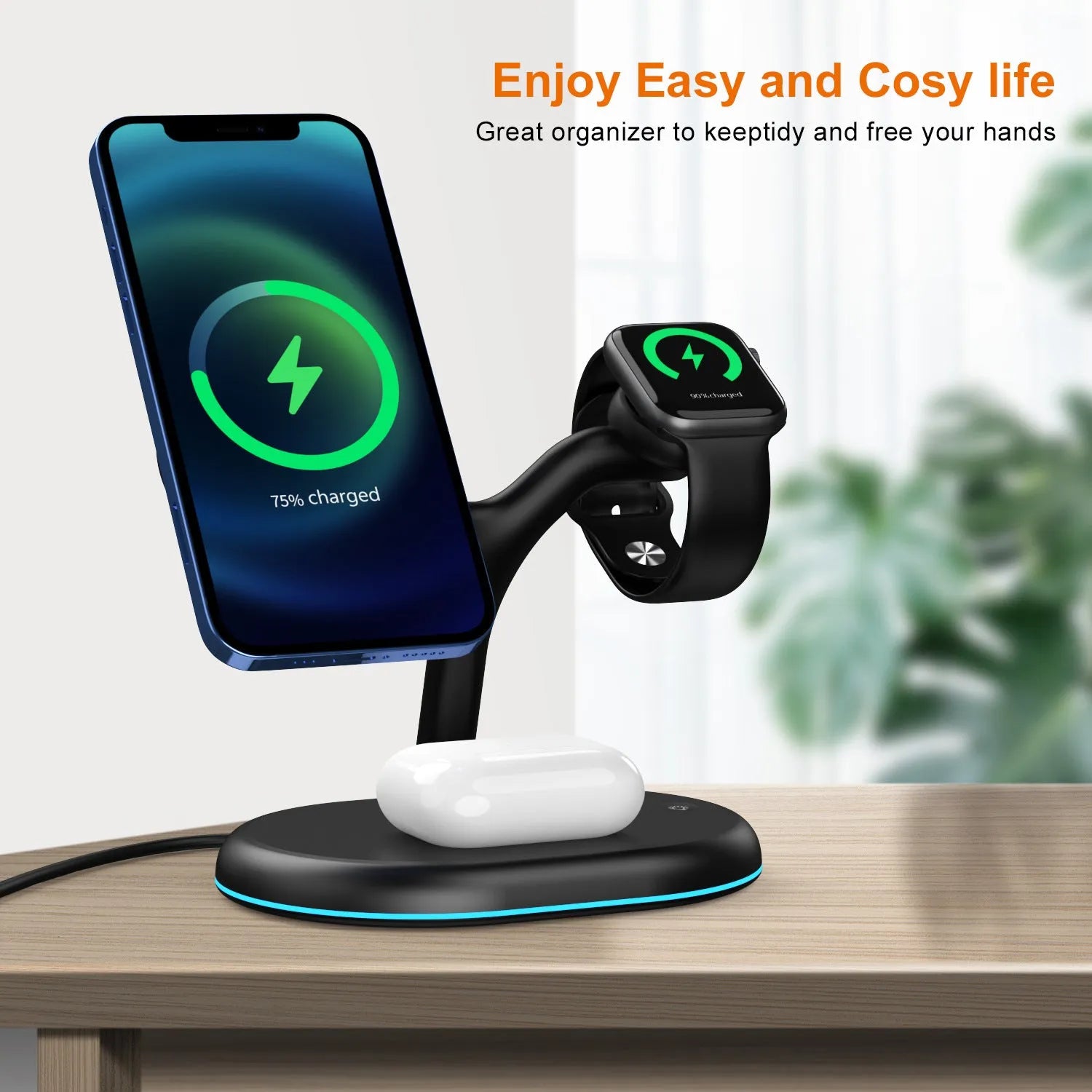 Black three-in-one magnetic wireless charging station for iPhone, Apple Watch, and AirPods on a wooden surface.