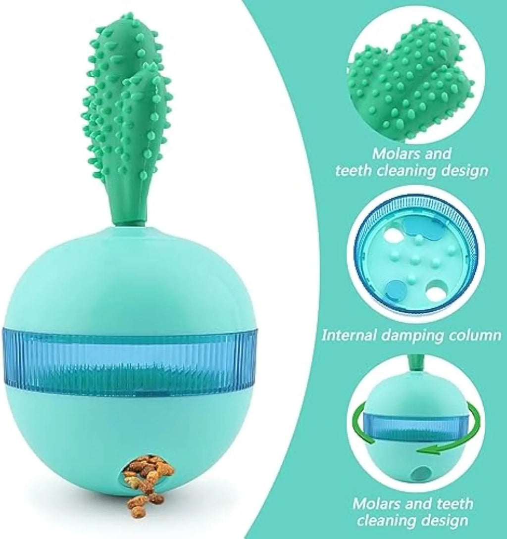 Blue durable rubber tumbler ball dog toy with small treat holes on a plain background.