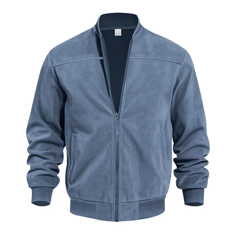 Men's casual plus size suede-effect zip jacket in Army Green colour on a hanger.