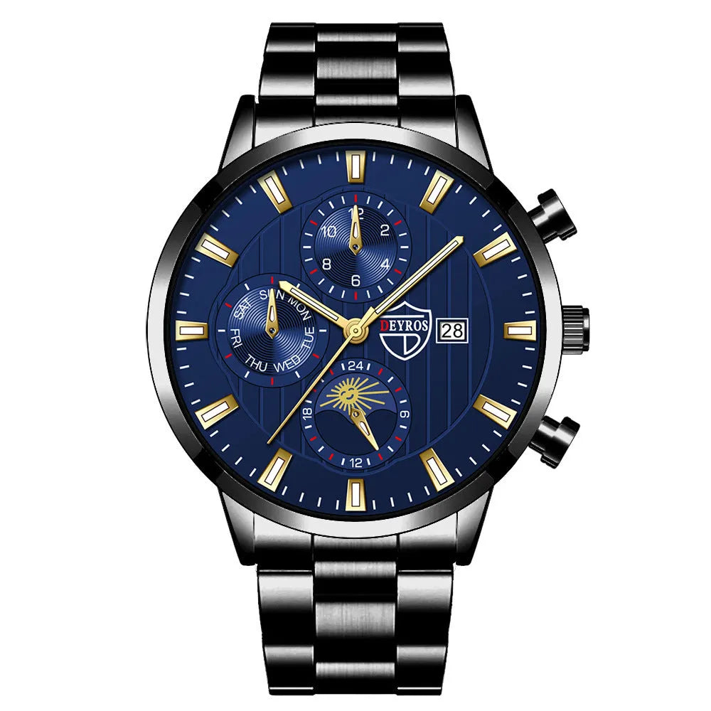 Men's casual luminous quartz wrist watch with calendar date, 9.5mm stainless steel case, black dial with silver needle