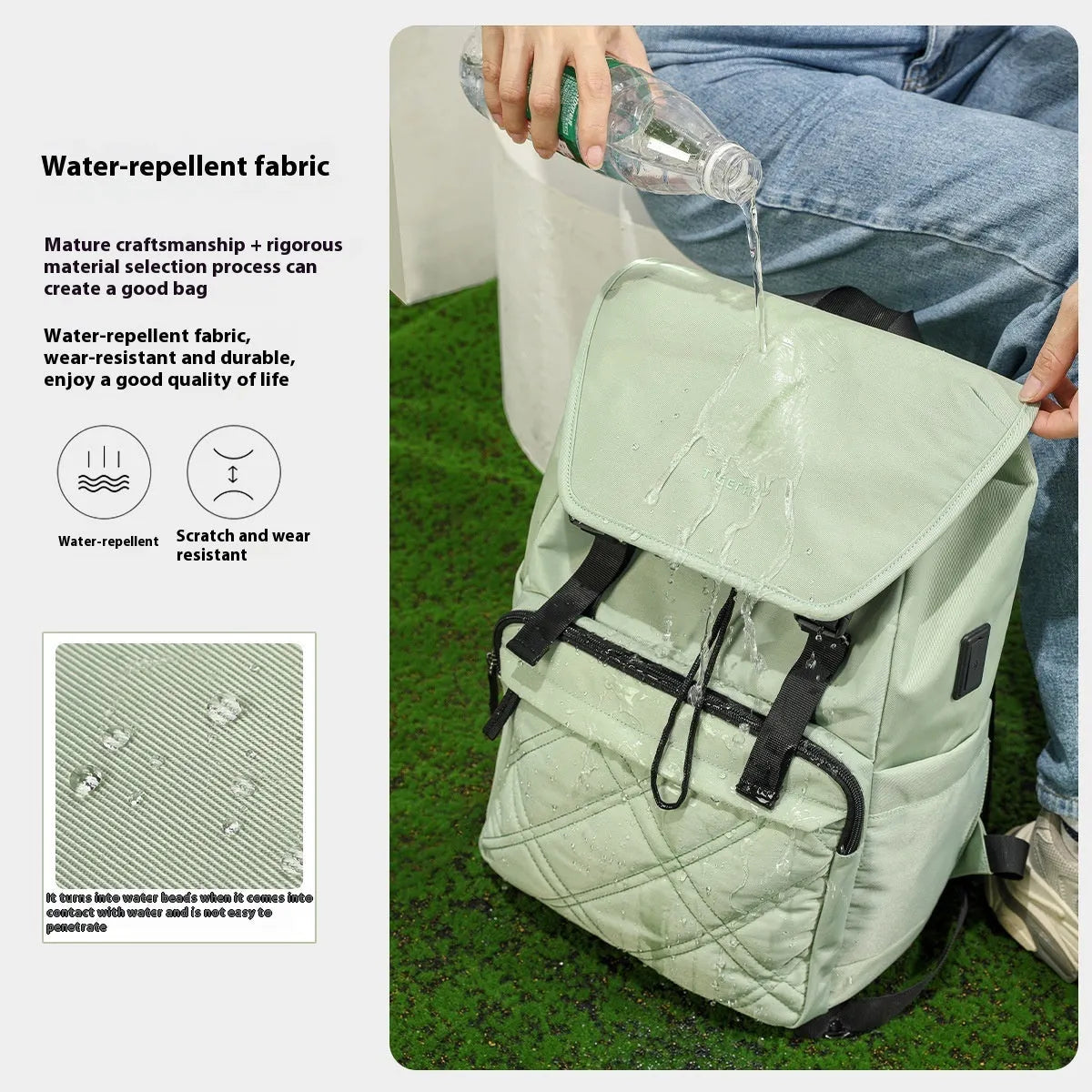15.6 inch nylon school backpack in light green colour showing laptop compartment and three-dimensional pockets