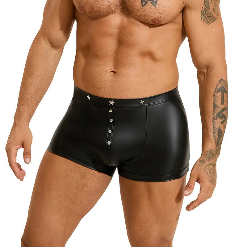 Black men's PU leather boxer shorts with a U pouch design laid flat.