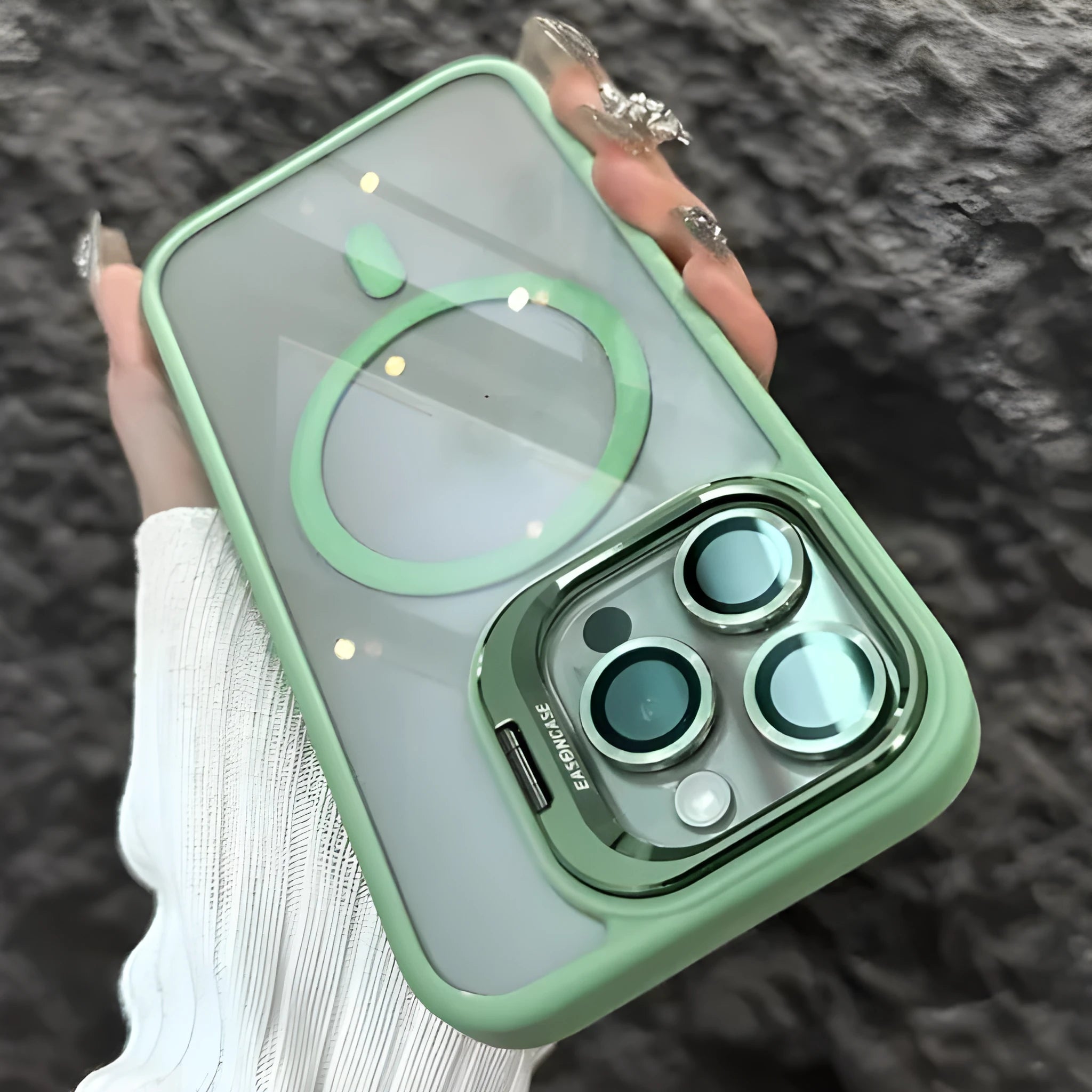 Acrylic transparent phone case with magnetic lens bracket in navy blue for iPhone 17 series