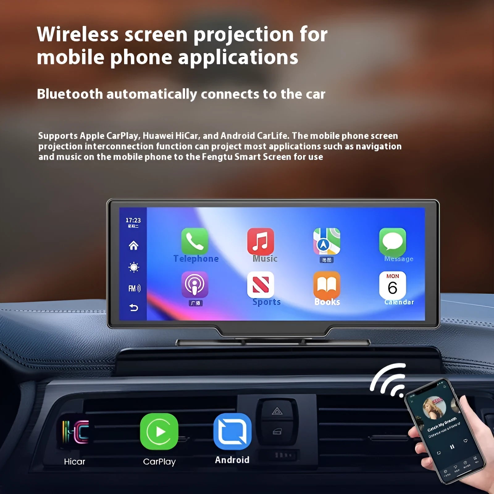 10-inch car touchscreen displaying Apple CarPlay maps with a small picture-in-picture view from the rear camera.