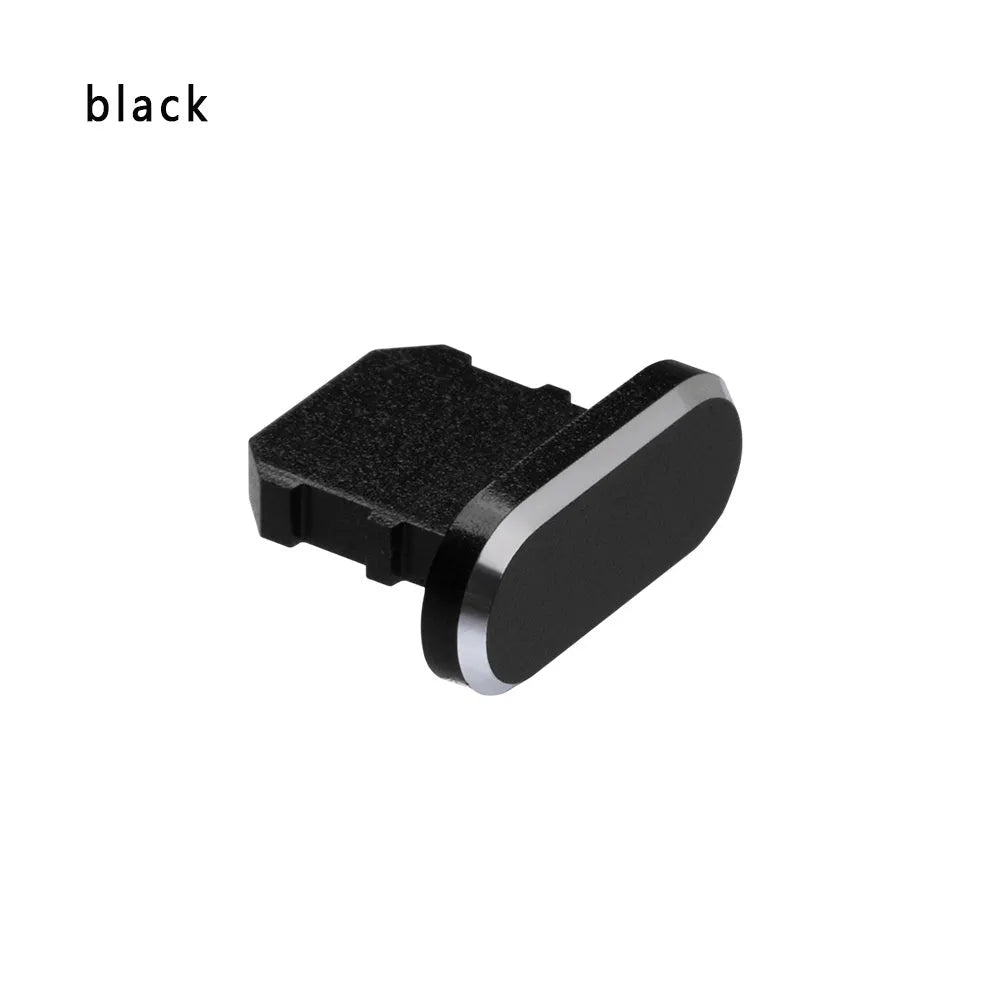 Aluminium alloy charging port dust plug for iPhone in various metallic colours including gold and rose gold.