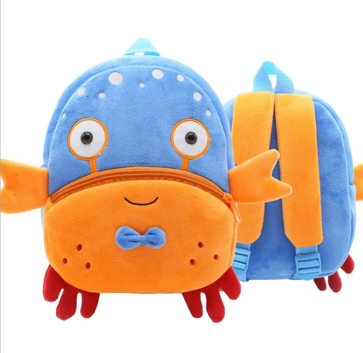 Children's plush animal backpack measuring 26x24x10cm with zipper opening and interior pocket