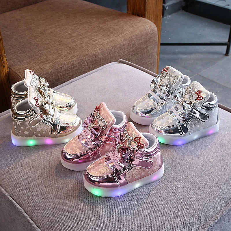 Golden, pink, and silvery LED button lights for children's shoes, sizes 21-30cm.