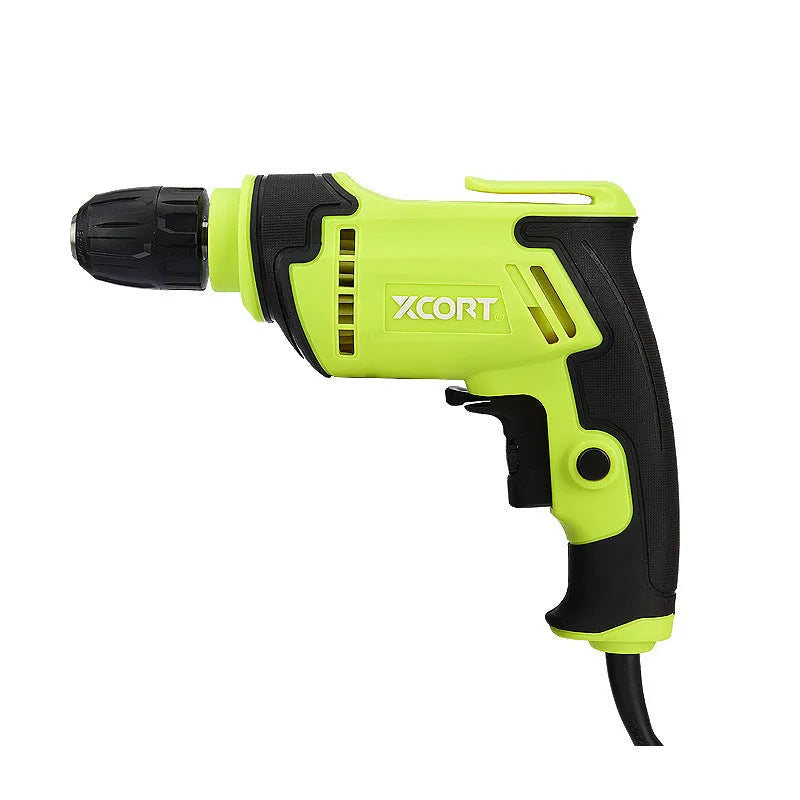 450W pistol grip electric drill power tool with a 10mm chuck on a workbench.