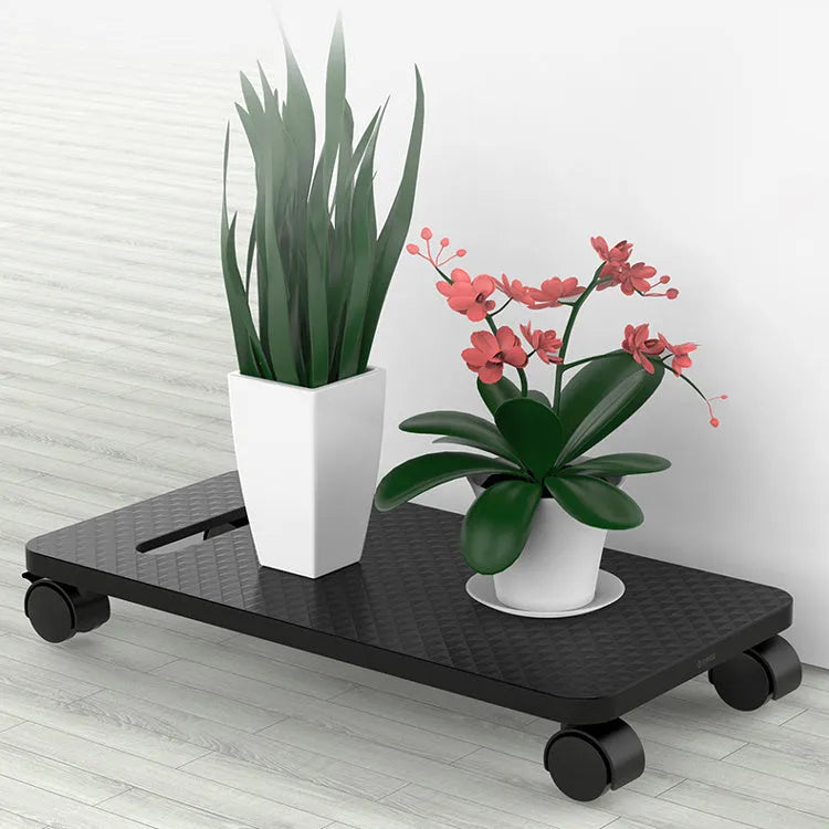 Orico black steel CPU floor stand with wheels holding a desktop PC tower, anti-skid pads visible