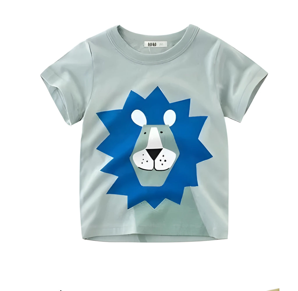 Boys' short sleeve cotton T-shirt with a printed green lion cartoon graphic.