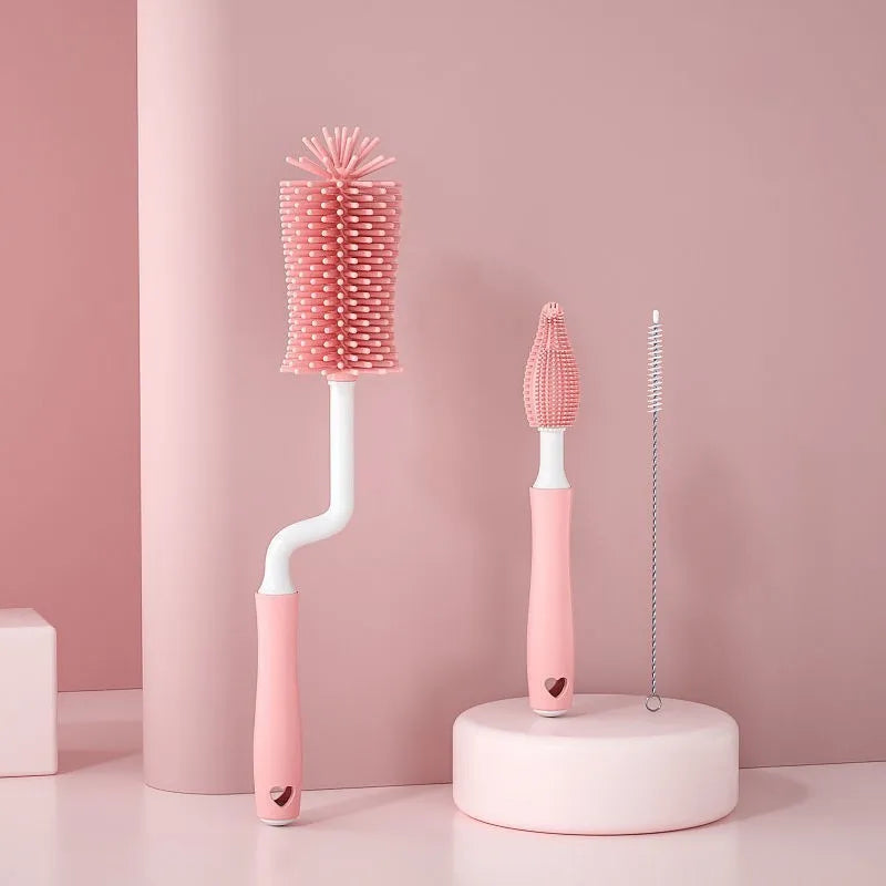 Silicone baby bottle brush set with three brushes including straw cleaner in blue pink yellow colours