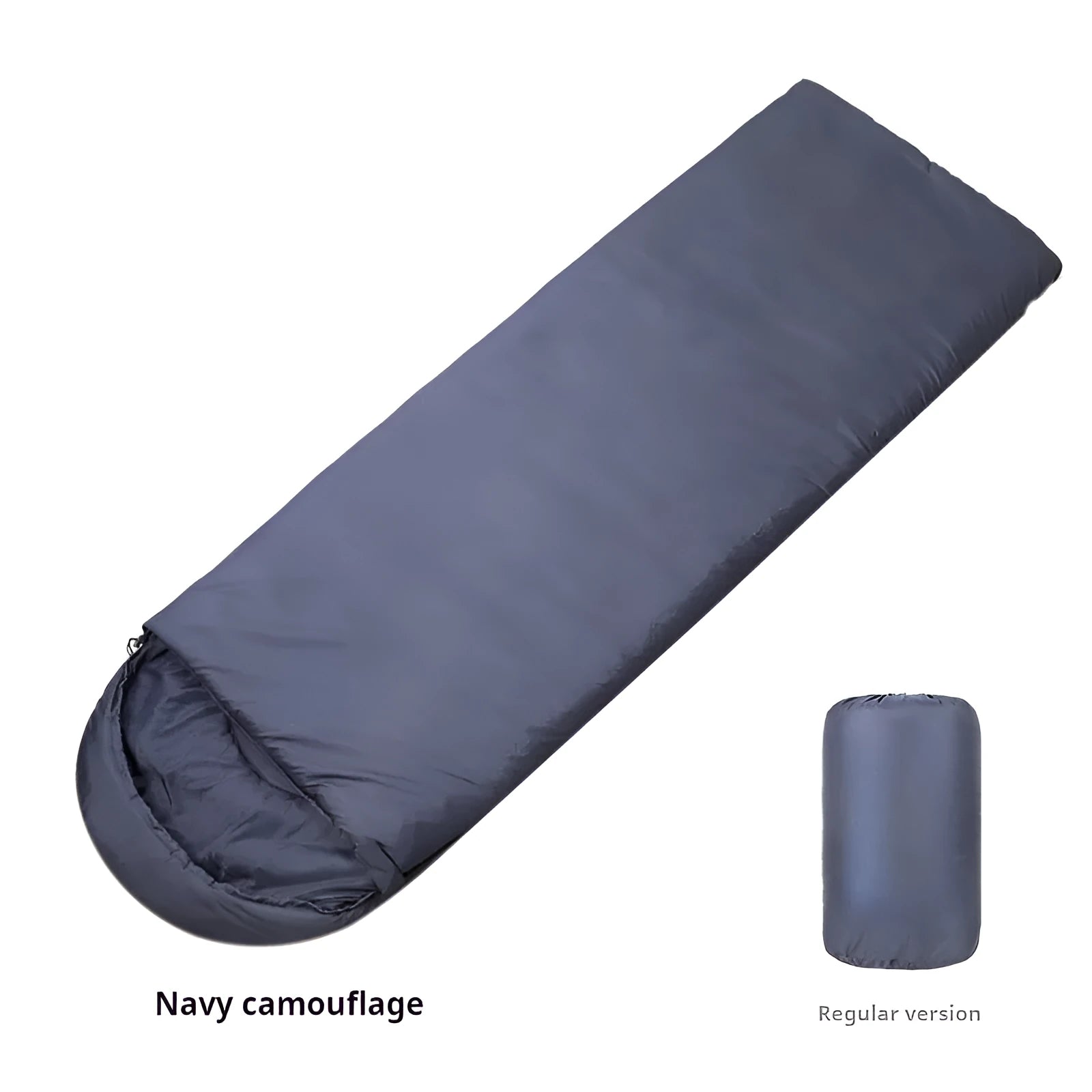 Navy blue envelope-style camping sleeping bag with hollow cotton fibre insulation