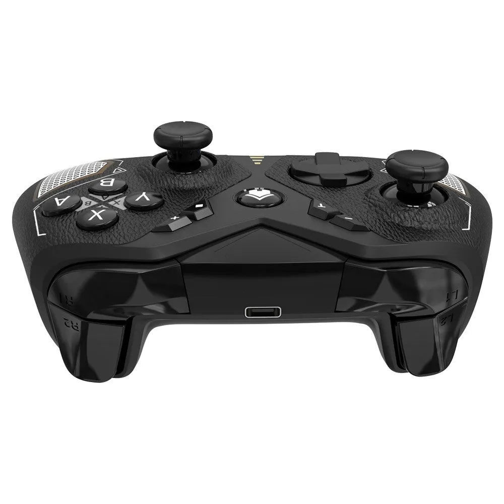 Black wireless game controller with textured leather-grip pattern on handles, shown front and back.