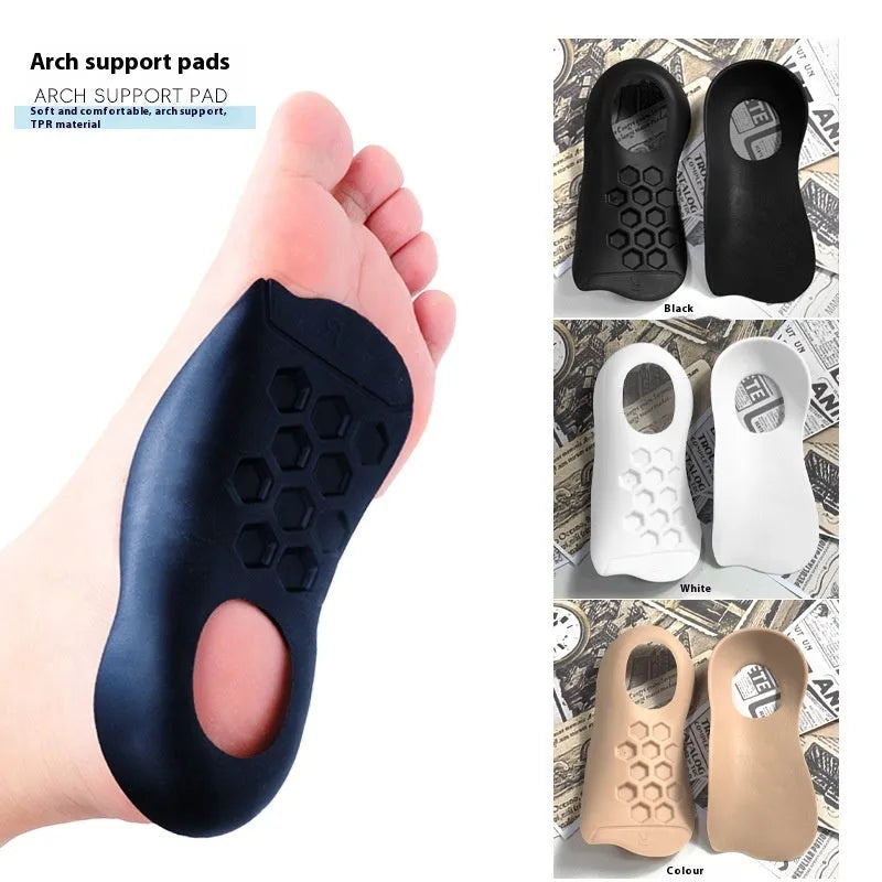 White, black, and skin colour arch support insoles for varus correction, showing TPR material and S/L arch sizes.