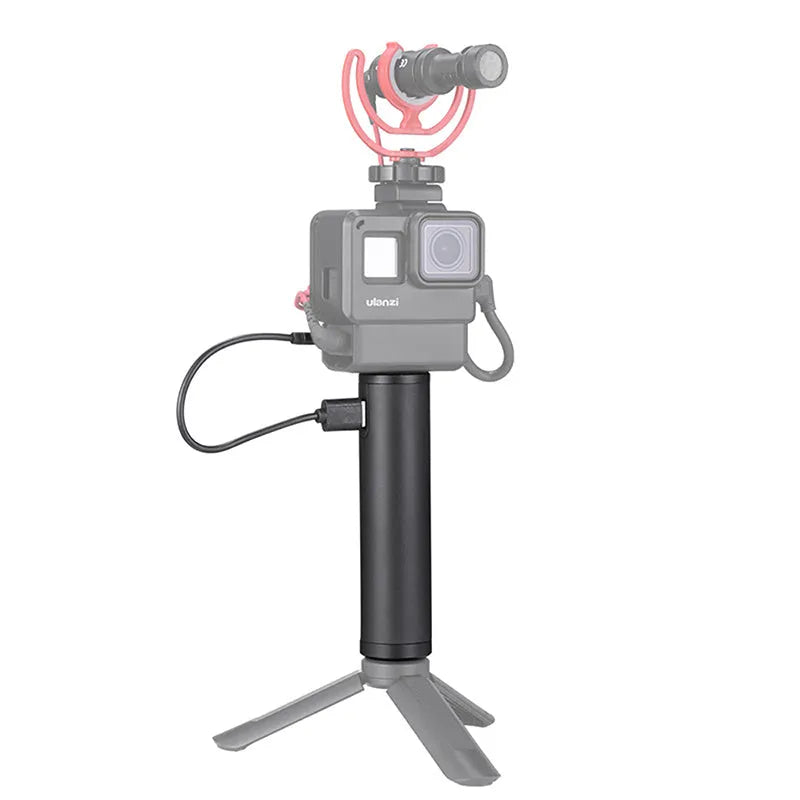 Black aluminium alloy portable power bank with a carry handle, showing compact size