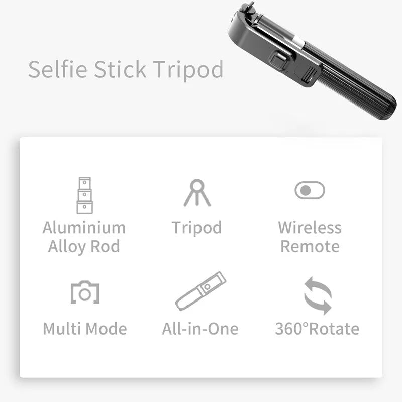 Black adjustable aluminium phone tripod selfie stick extended next to an Apple iPhone.