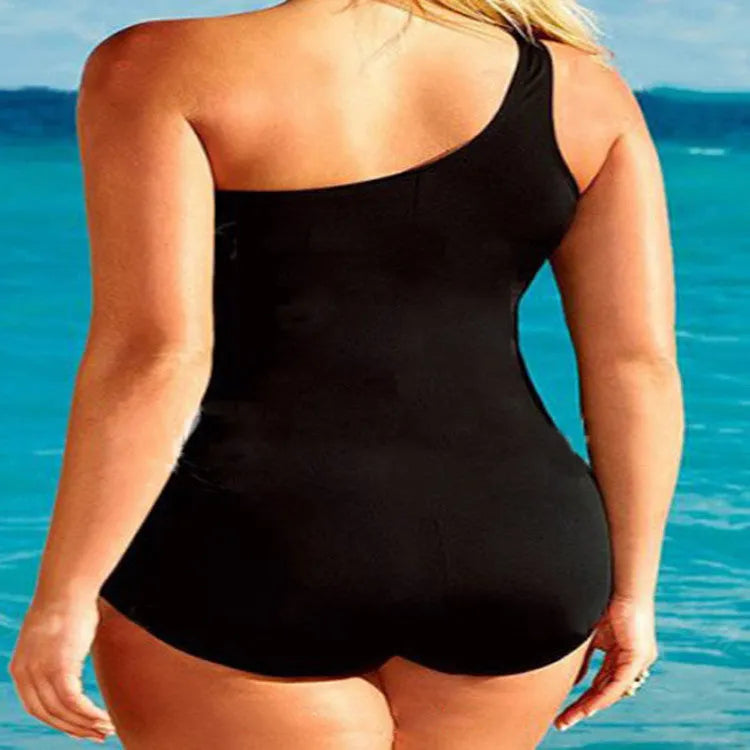 Black one-piece swimsuit for women with chest pad, solid colour, available in sizes XL to 3XL