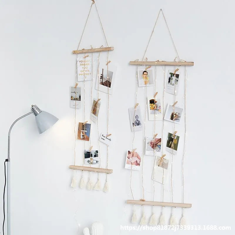 Wooden stick and natural hemp rope photo wall hanging pendant with wooden clips for displaying polaroids